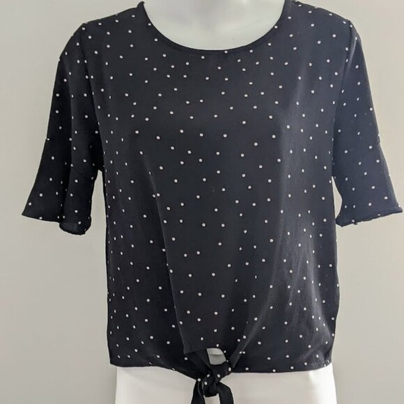 Women's Short Flounce Sleeve Polka Dot Bottom Tie Front Blouse | Size M - Picture 1 of 5